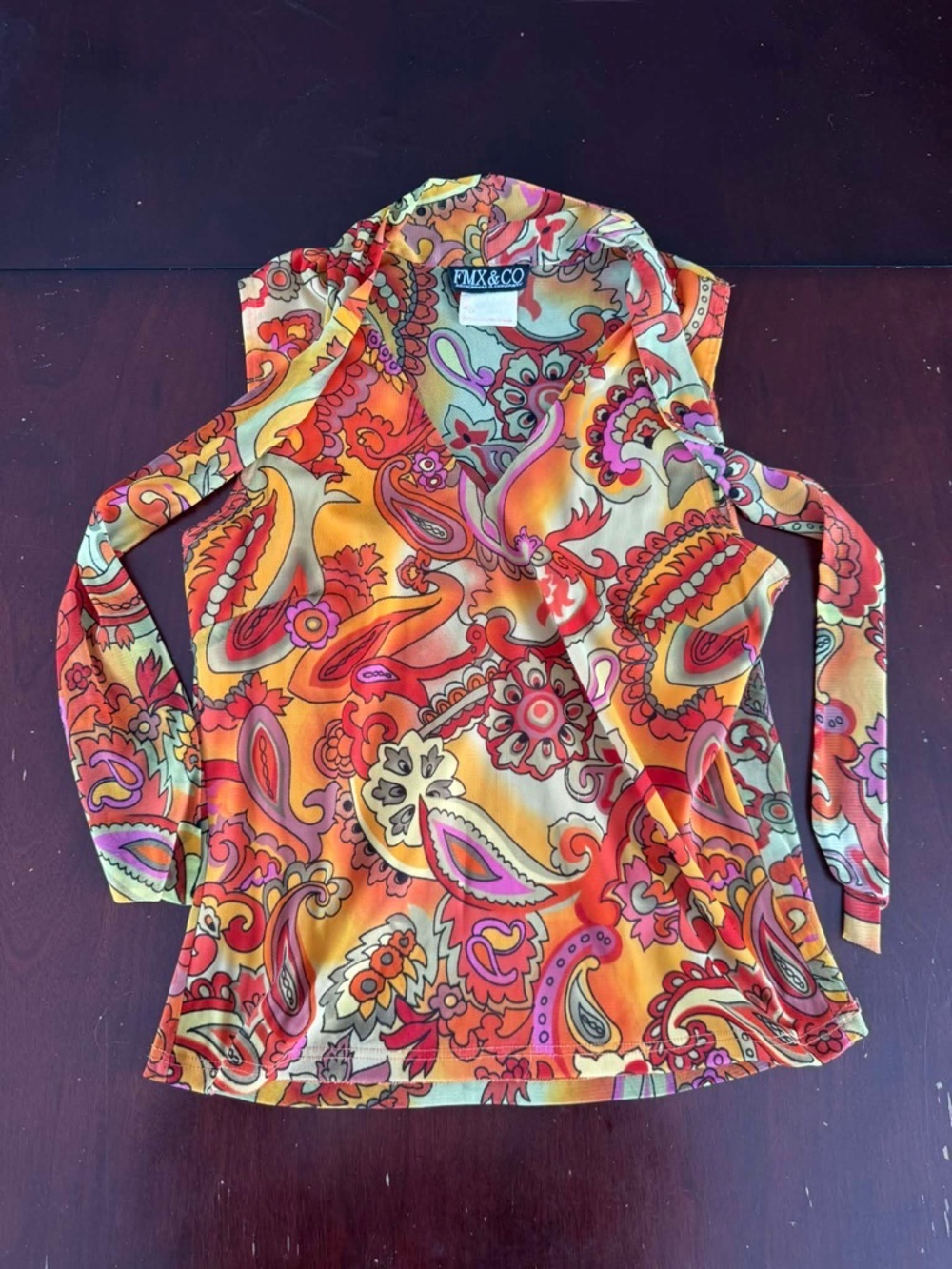 VINTAGE FMX & CO Y2K Psychedelic Paisley Tie-Neck Top Festival 70s Retro Hippie - Picture 2 of 4